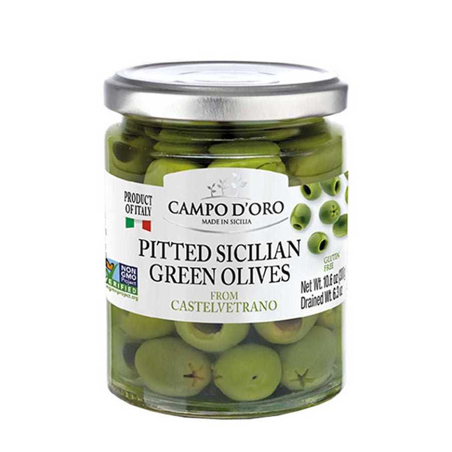 Campo D'Oro Pitted Sicilian Green Olives 10.6oz (300gr) 6 Unts