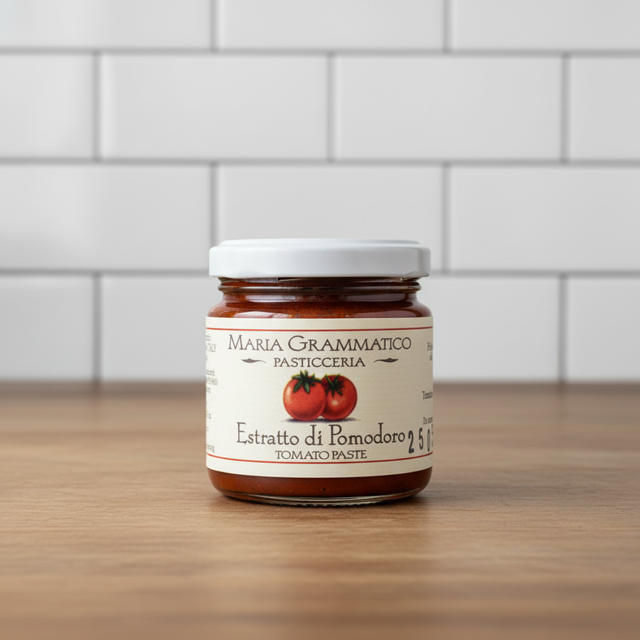 Maria Grammatico Estratto di Pomodoro sobre mesa de madera con pared de azulejos blancos, luz suave de mañana