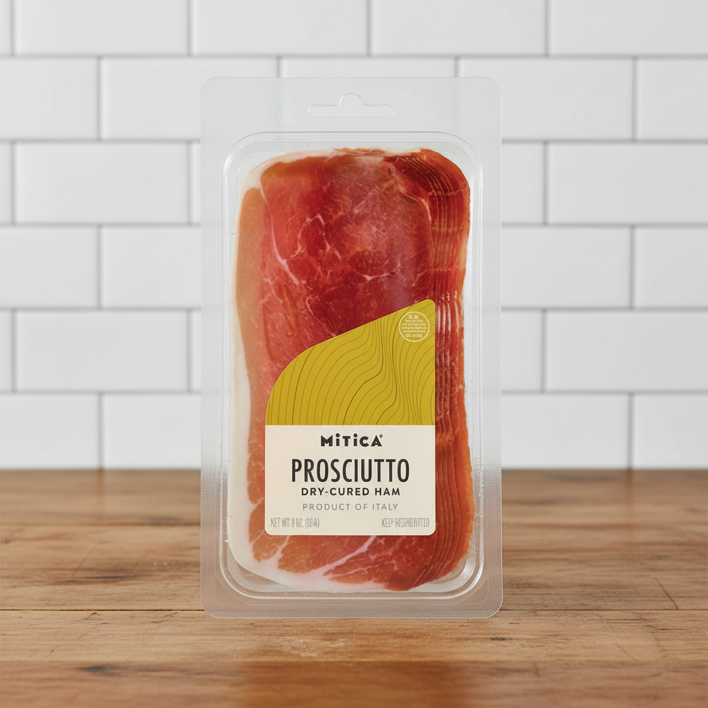 Mitica Prosciutto Dry-Cured Ham sobre mesa de madera con pared de azulejos blancos