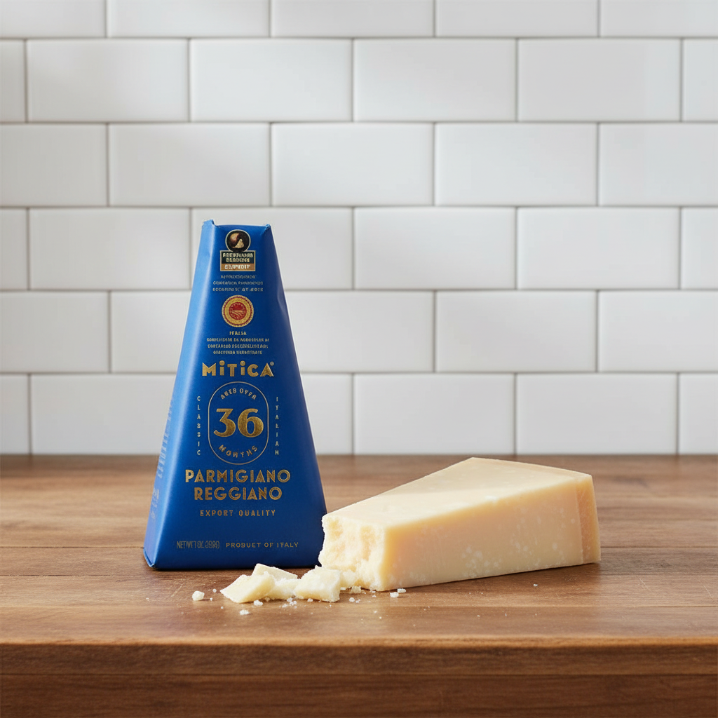 Mitica Parmigiano Reggiano 36 meses Export Quality sobre mesa de madera con pared de azulejos blancos