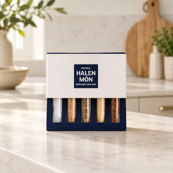 Halen Môn Famous 5 Gift Salt Set: Pure White, Oak Smoked, Celery, Roasted Garlic, Chili & Garlic