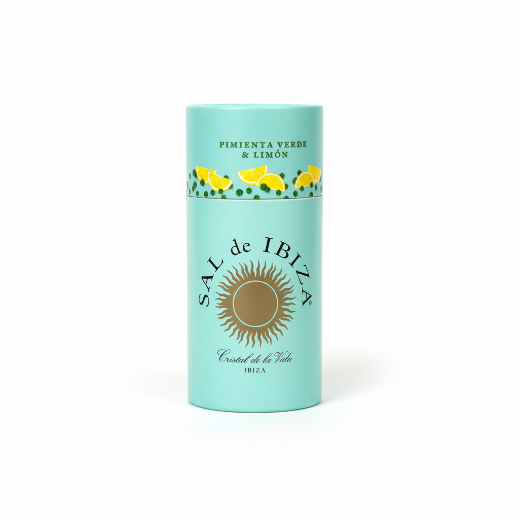 Sal de Ibiza Granito Lemon shaker, mint turquoise packaging with gold sun logo