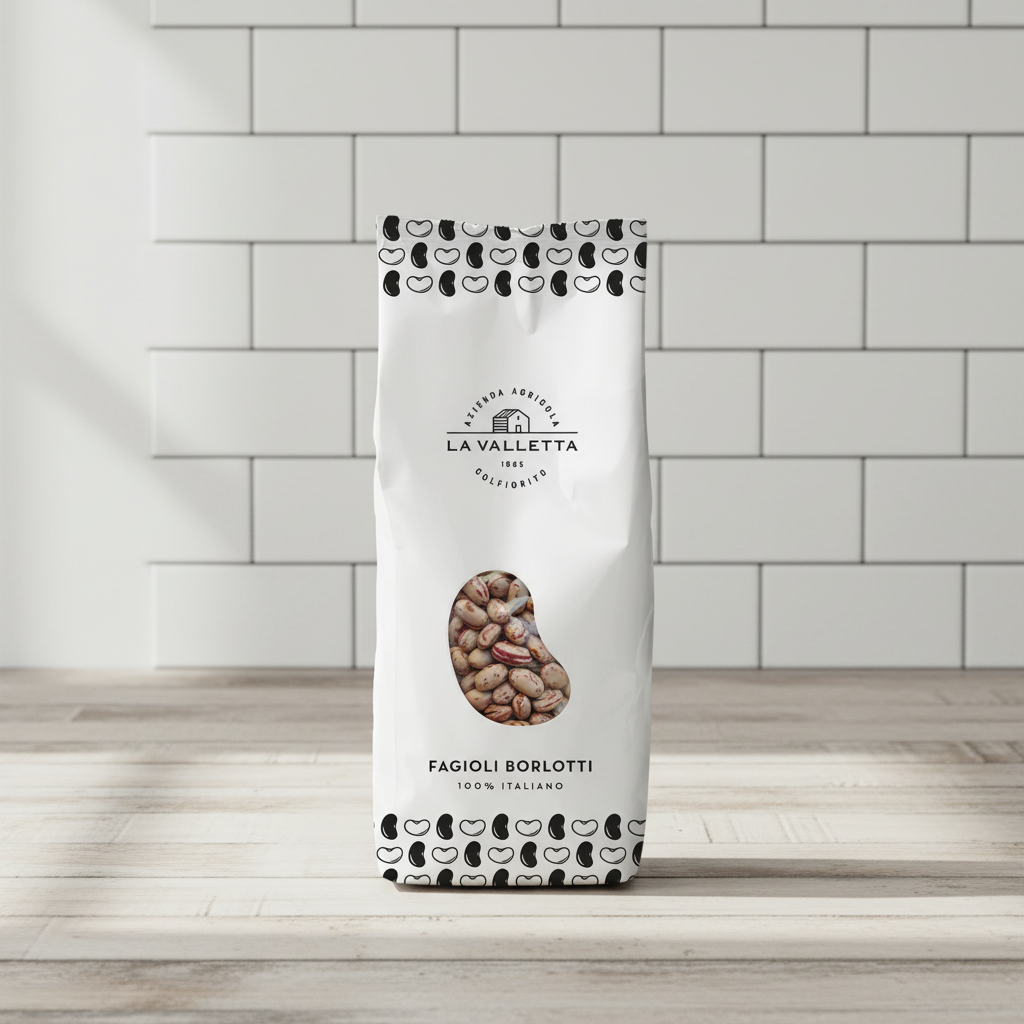 La Valletta Fagioli Borlotti sobre mesa de madera con pared de azulejos blancos, luz suave de mañana