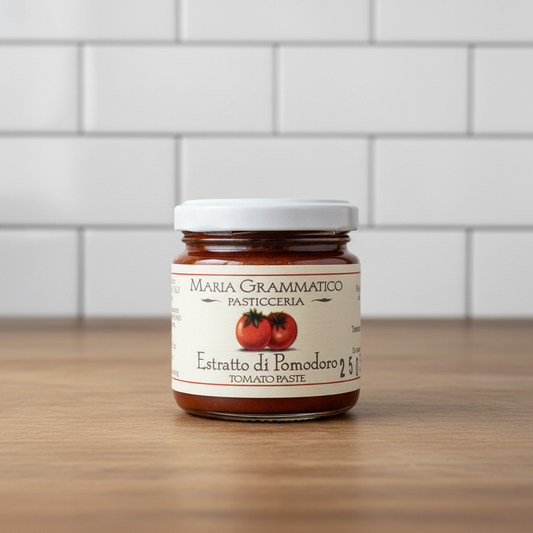 Maria Grammatico Estratto di Pomodoro sobre mesa de madera con pared de azulejos blancos, luz suave de mañana