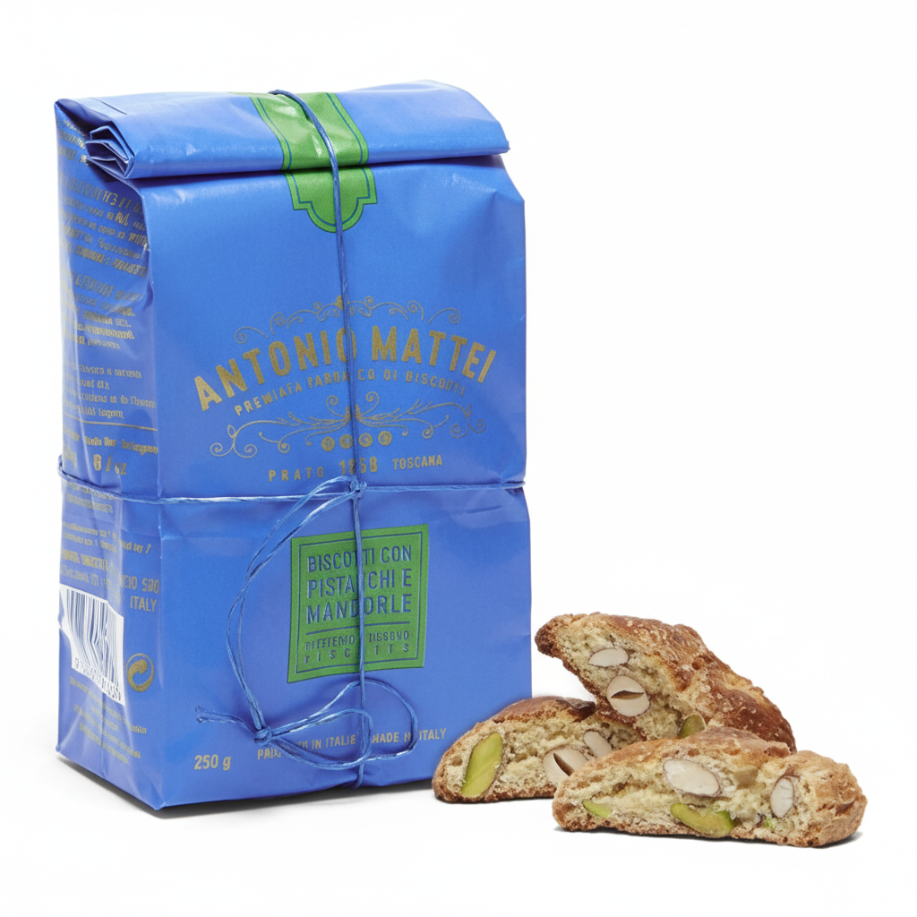 Antonio Mattei Biscotti con Pistacchie e Mandorle, bolsa azul con etiqueta verde y cantucci al lado