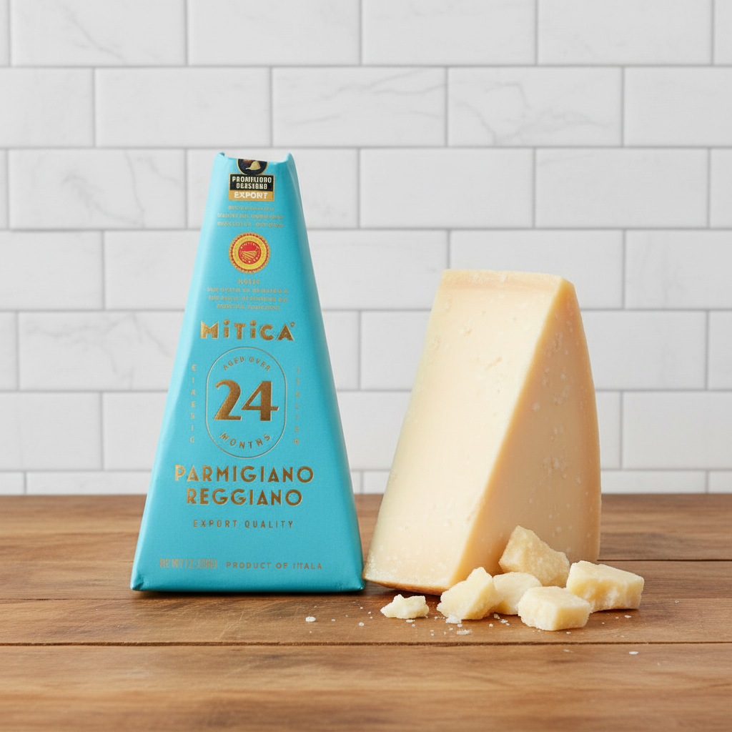 Mitica Parmigiano Reggiano 24 meses Export Quality sobre mesa de madera con pared de azulejos blancos