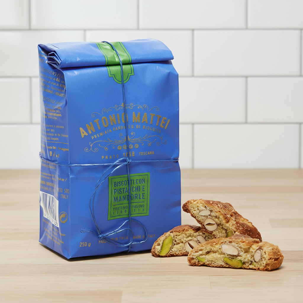 Antonio Mattei Biscotti con Pistacchie e Mandorle sobre mesa de madera con pared de azulejos blancos, luz suave de mañana