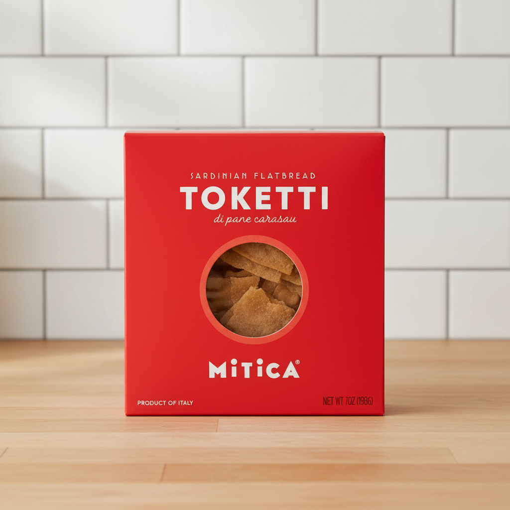 Mitica Toketti di Pane Carasau Sardinian Flatbread sobre mesa de madera con pared de azulejos blancos