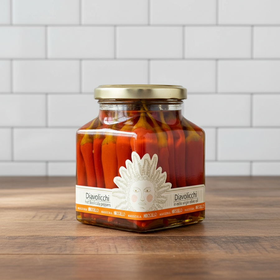 Masseria Mirogallo Diavolicchi pimientos picantes en aceite de oliva sobre mesa de madera con pared de azulejos blancos