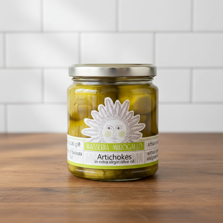 Masseria Mirogallo Artichokes in Extra Virgin Olive Oil sobre mesa de madera con pared de azulejos blancos